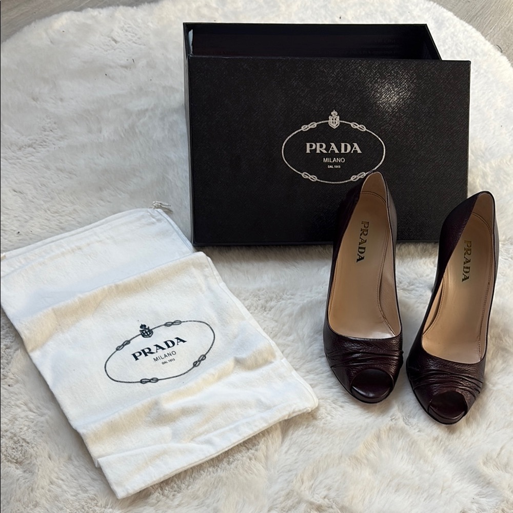 Prada Dark Plum Leather Peep-Toe Heels